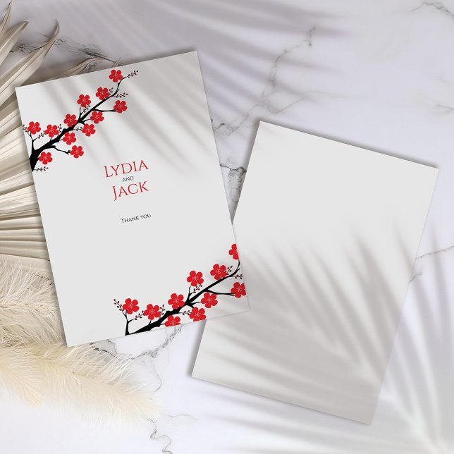 Red Cherry Blossom Themed Wedding Thank You Card (Creator Uploaded)