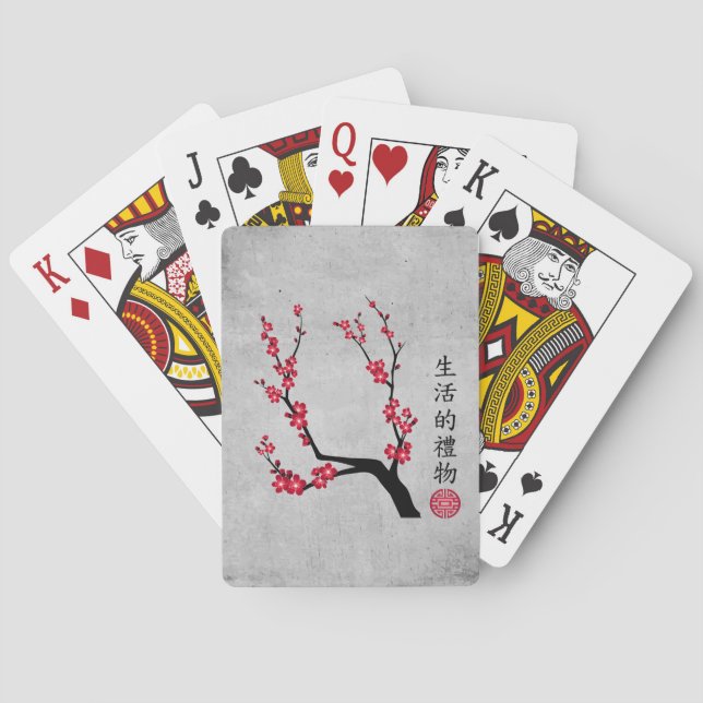 Red cherry blossom three art "Gift of life" Playing Cards (Back)