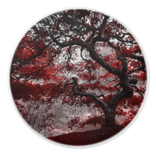 Red Cherry Blossom Tree Ceramic Knob