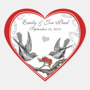 Red Cherry Blossom Vintage Birds Wedding Stickers