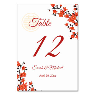  Red Cherry Blossom  White Chinese Wedding  Table Number