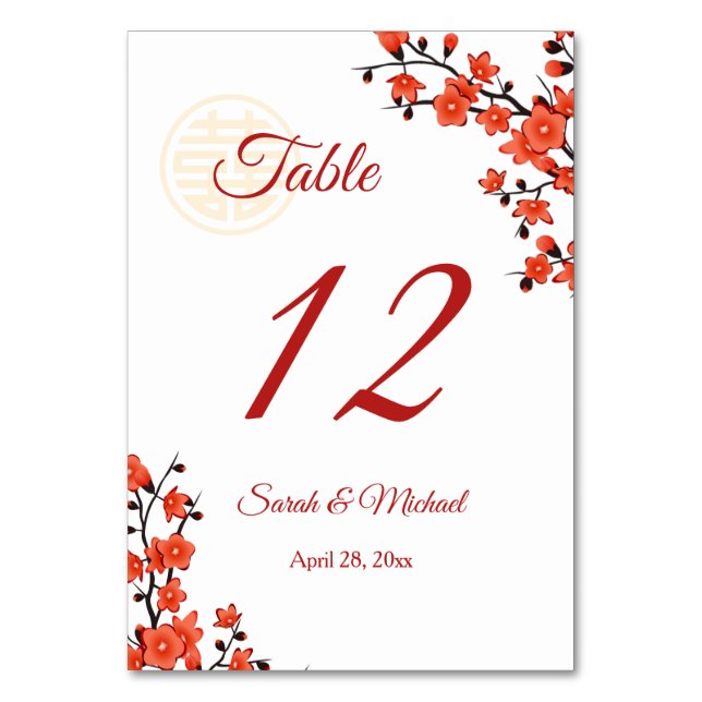  Red Cherry Blossom  White Chinese Wedding  Table Number (Front)