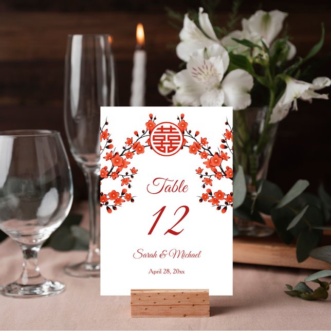 Red Cherry Blossom White Chinese Wedding Table Number (Creator Uploaded)