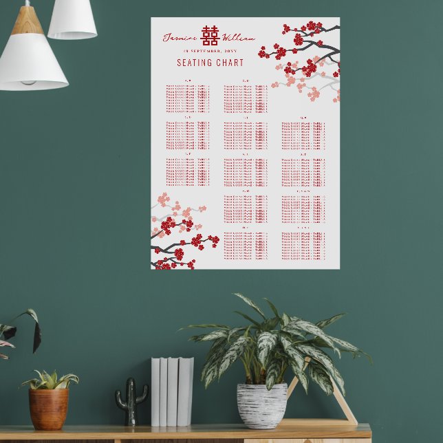 Red Cherry Blossoms 囍 Chinese Wedding Seat Chart (Living Room 1)