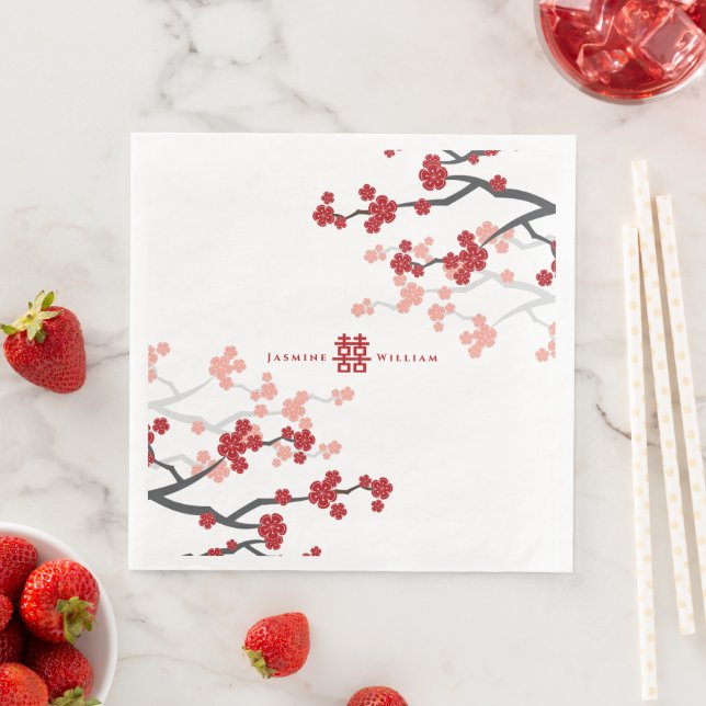 Red Cherry Blossoms And Double Xi Chinese Wedding  Napkin (Insitu)