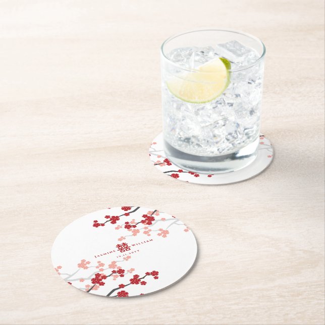 Red Cherry Blossoms And Double Xi Chinese Wedding  Round Paper Coaster (Insitu)