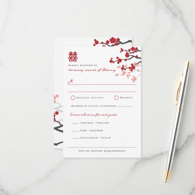 Red Cherry Blossoms And Double Xi Chinese Wedding RSVP Card (Front/Back In Situ)