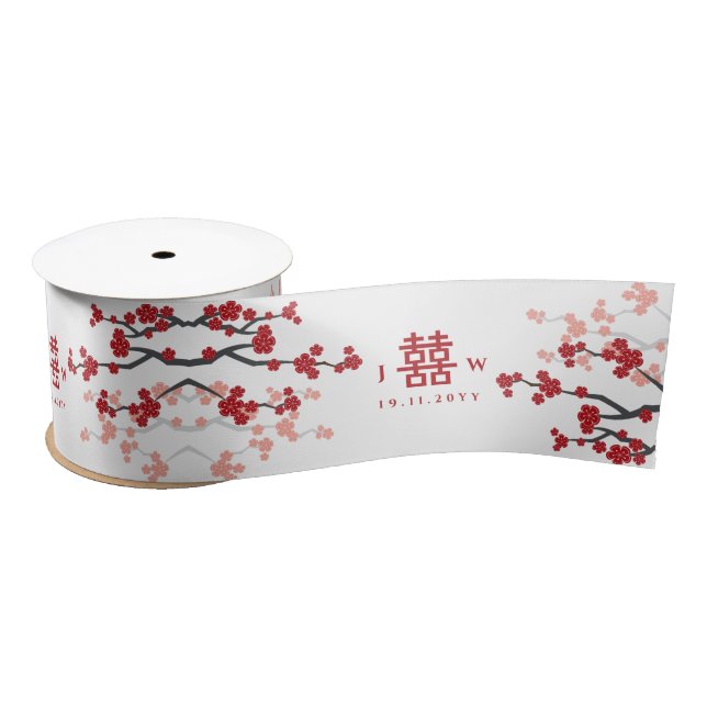 Red Cherry Blossoms And Double Xi Chinese Wedding  Satin Ribbon (Spool)
