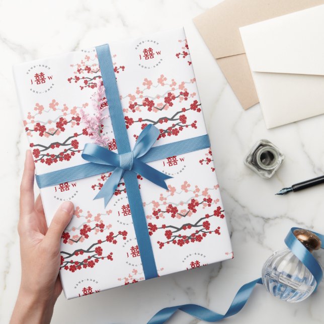 Red Cherry Blossoms And Double Xi Chinese Wedding  Wrapping Paper (Gifting)