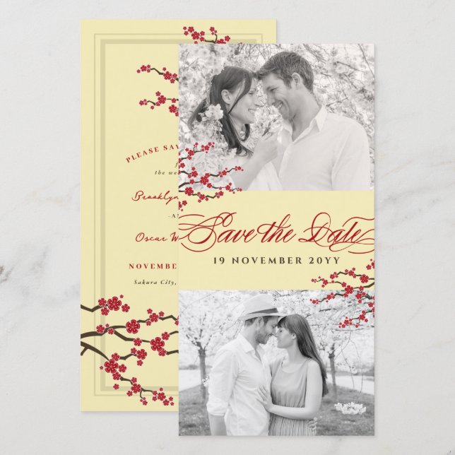 Red Cherry Blossoms Asian Zen Sakura Flowers Photo Save The Date (Front/Back)