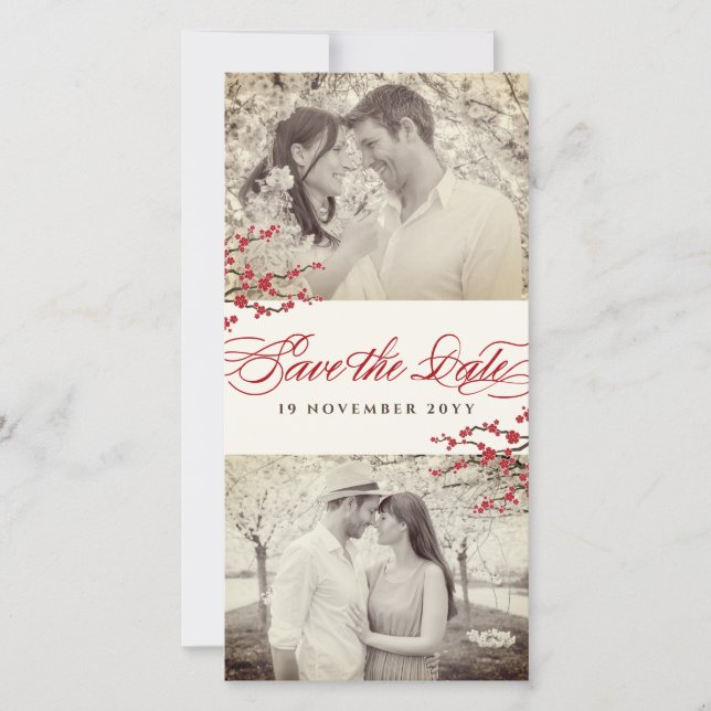 Red Cherry Blossoms Asian Zen Sakura Flowers Photo Save The Date (Front)
