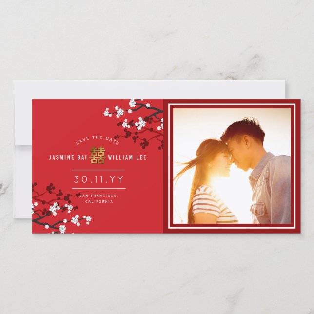 Red Cherry Blossoms Chinese Double Happiness Photo Save The Date (Front)