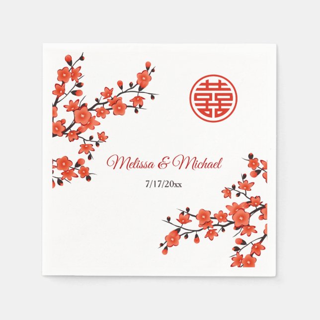   Red Cherry Blossoms Chinese Wedding Custom Napkin (Front)