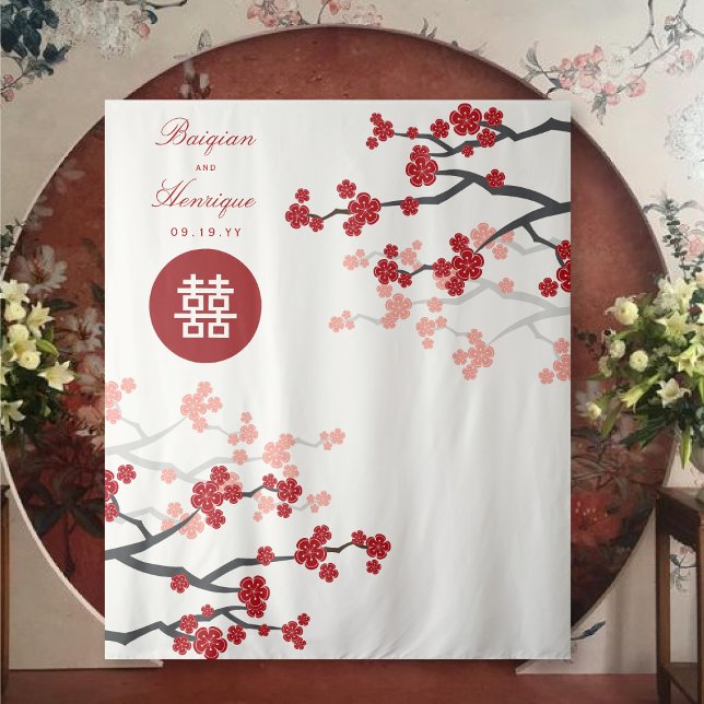 Red Cherry Blossoms Chinese Wedding Photo Backdrop Tapestry (Creator Uploaded)