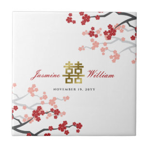 Red Cherry Blossoms Elegant Chinese Wedding Favour Tile