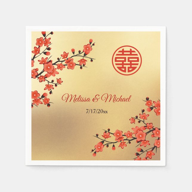  Red Cherry Blossoms Gold Chinese Wedding Custom Napkin (Front)