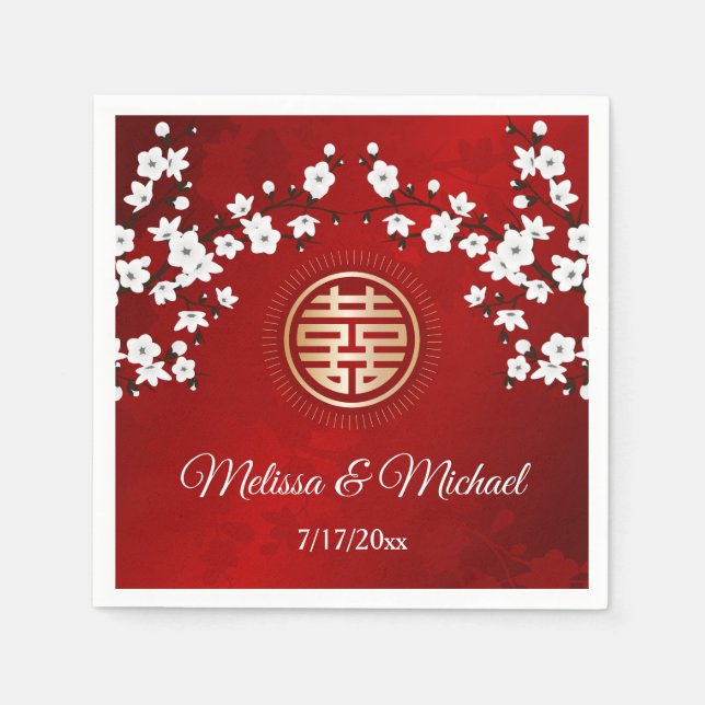   Red Cherry Blossoms Gold Chinese Wedding Custom  Napkin (Front)