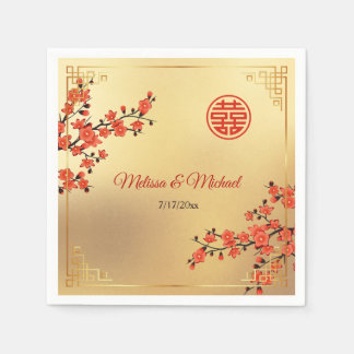   Red Cherry Blossoms Gold Chinese Wedding Custom Napkin