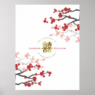Red Cherry Blossoms Gold Double Happiness Poster