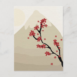Red Cherry Blossoms Mount Fuji Japan Illustration Postcard