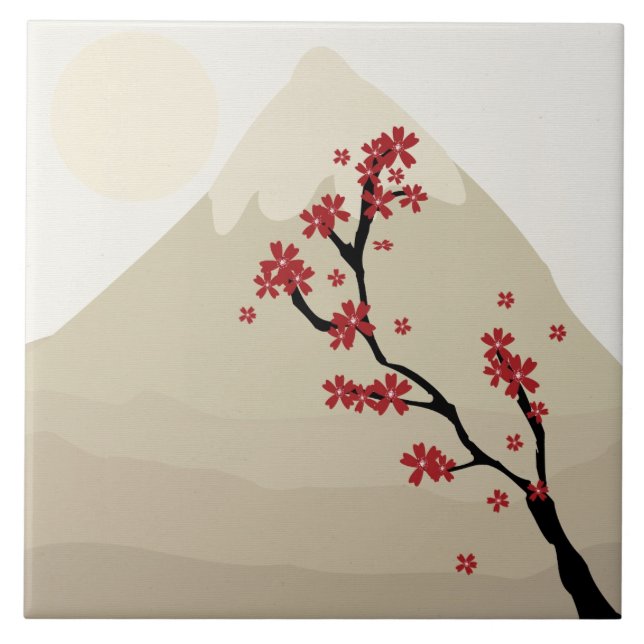 Red Cherry Blossoms Mount Fuji Japan Illustration Tile (Front)