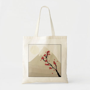 Red Cherry Blossoms Mount Fuji Japan Illustration Tote Bag