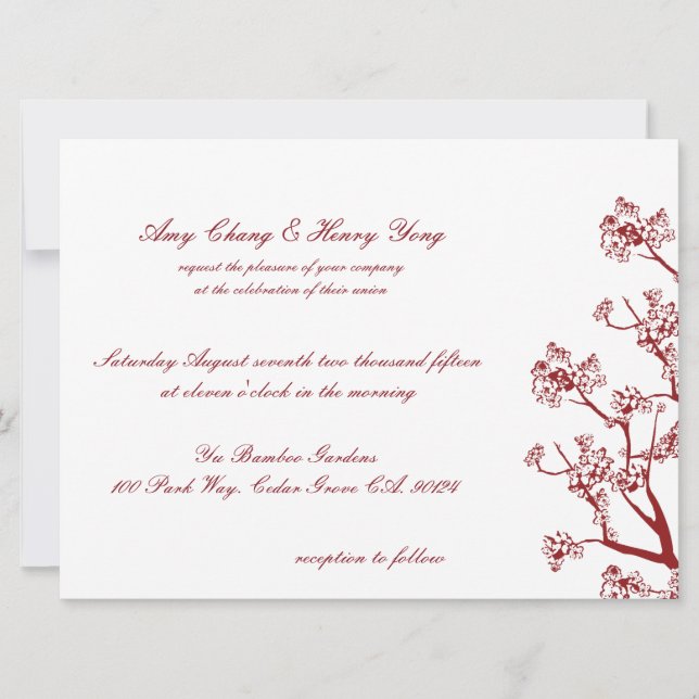 Red Cherry Blossoms Oriental Wedding Invitations (Front)