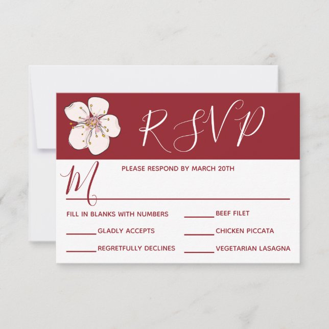 Red Cherry Blossoms - RSVP & Dinner Choices Invitation (Front)