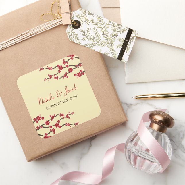 Red Cherry Blossoms Sakura Asian Wedding Favour Square Sticker (Gifting)