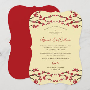 Red Cherry Blossoms Sakura Asian Wedding Shower Invitation