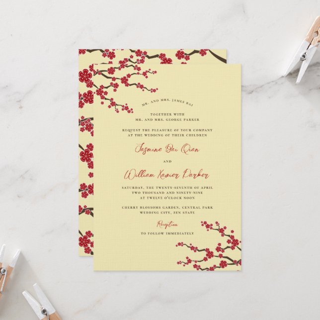 Red Cherry Blossoms Sakura Flowers Asian Wedding Invitation (Front/Back In Situ)