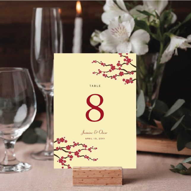 Red Cherry Blossoms Sakura Flowers Asian Wedding Table Number (Red/Cream Cherry Blossoms Sakura Flowers Elegant Asian Wedding Table Number Card @ fat_fa_tin)