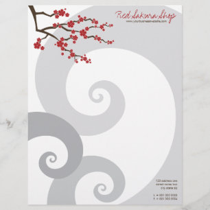 Red Cherry Blossoms Sakura Flowers & Grey Spirals Personalised Letterhead