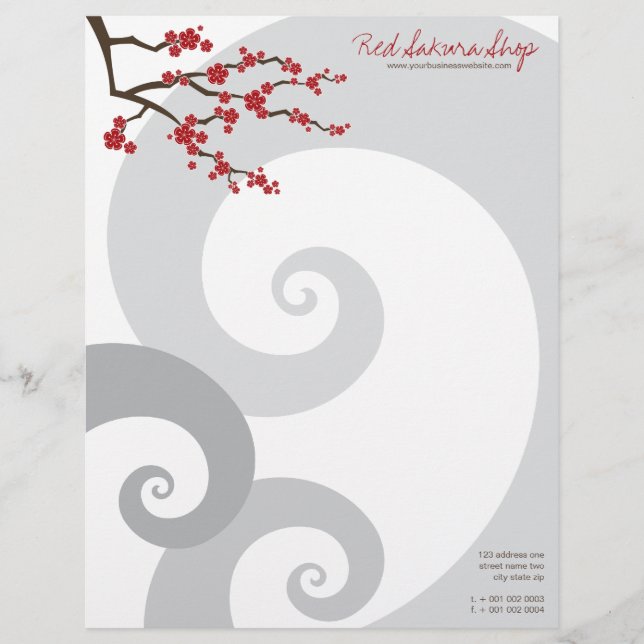 Red Cherry Blossoms Sakura Flowers & Grey Spirals Personalised Letterhead (Front)