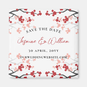 Red Cherry Blossoms Sakura Flowers Save The Date Magnet