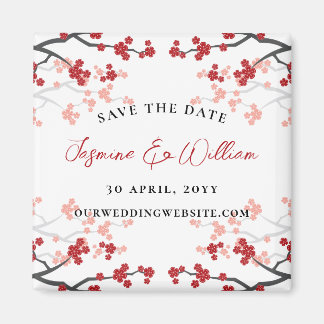 Red Cherry Blossoms Sakura Flowers Save The Date Magnet