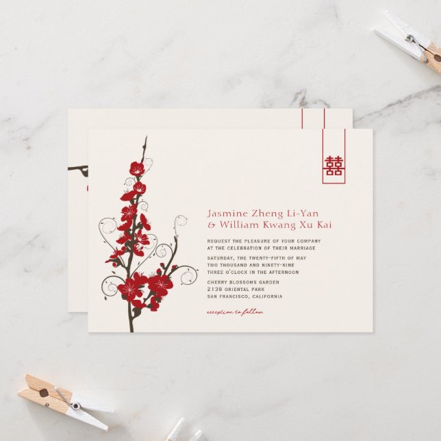 Red Cherry Blossoms Sakura Swirls Asian Wedding Invitation (Front/Back In Situ)
