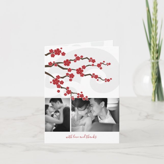 Red Cherry Blossoms & Spiral 2 Photo Asian Wedding Thank You Card (Front)