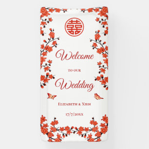 Red Cherry Blossoms White Chinese Wedding Banner