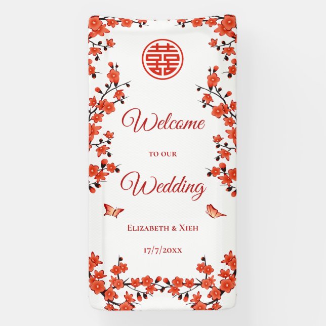Red Cherry Blossoms White  Chinese Wedding Banner (Vertical)