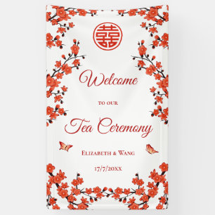 Red Cherry Blossoms White Tea Ceremony Banner