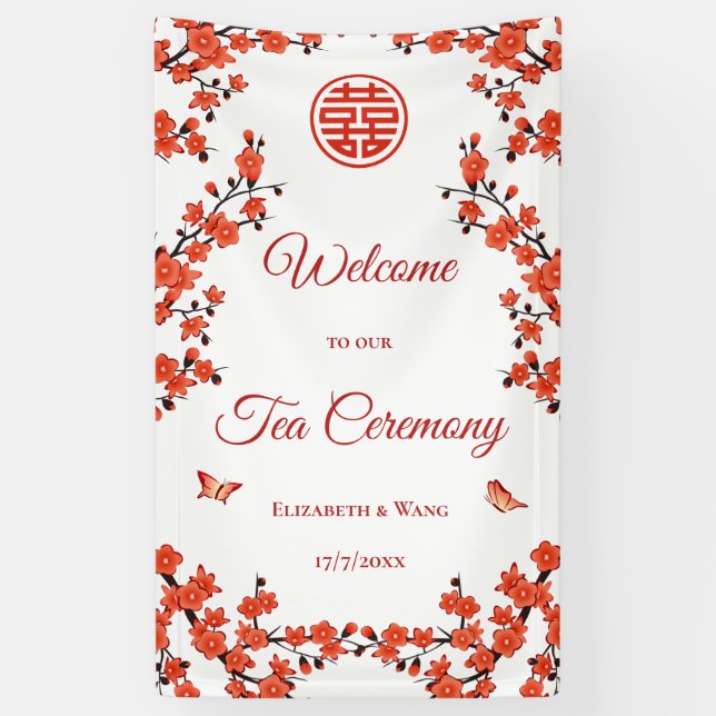 Red Cherry Blossoms White Tea Ceremony Banner (Vertical)
