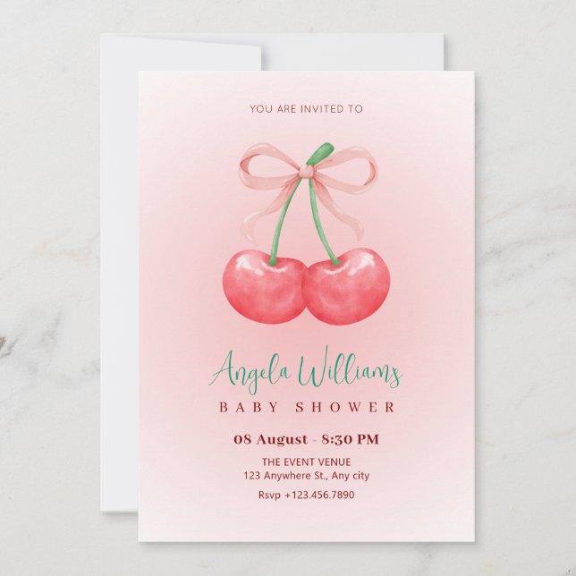 Red cherry bow baby shower invitation (Front)