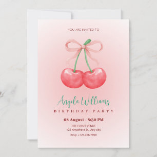 Red cherry bow birthday invitation