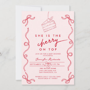 Red Cherry Cake Pink Girl Baby Shower Invitation
