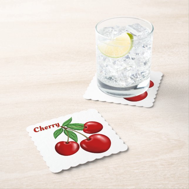 Red Cherry Cherries Design Personalised Paper Coaster (Insitu)