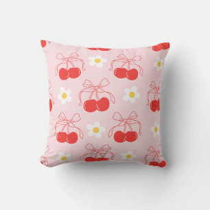 Red Cherry Coquette Bow Daisies Floral Cushion