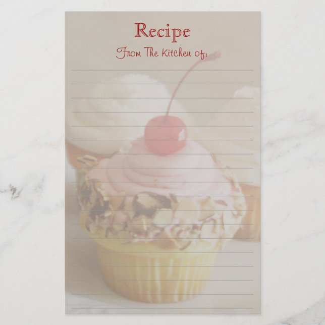 Red Cherry Cupcake Lined Recipe Stationery (Front)