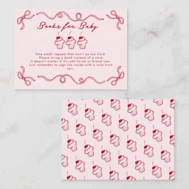 Red Cherry Cupcake Pink Girl Baby Shower Enclosure Card (Front/Back)