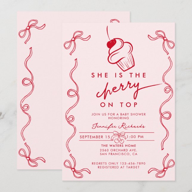 Red Cherry Cupcake Pink Girl Baby Shower Invitation (Front/Back)